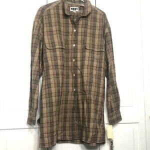 Vintage NWT DKNY Jeans Women's Long Sleeve Button Down Plaid Shirt M Cotton Tan